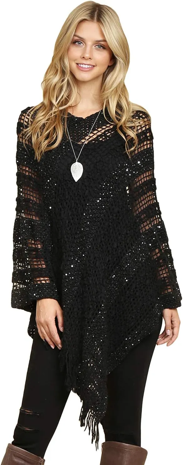 RIAH FASHION Bohemian Sequin Glitter Shawl Wrap Poncho - Kimono Cardigan, Sparkly Metallic Mesh Scarf, Open Knit Crochet