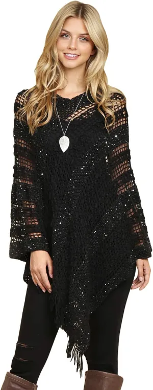 RIAH FASHION Bohemian Sequin Glitter Shawl Wrap Poncho - Kimono Cardigan, Sparkly Metallic Mesh Scarf, Open Knit Crochet