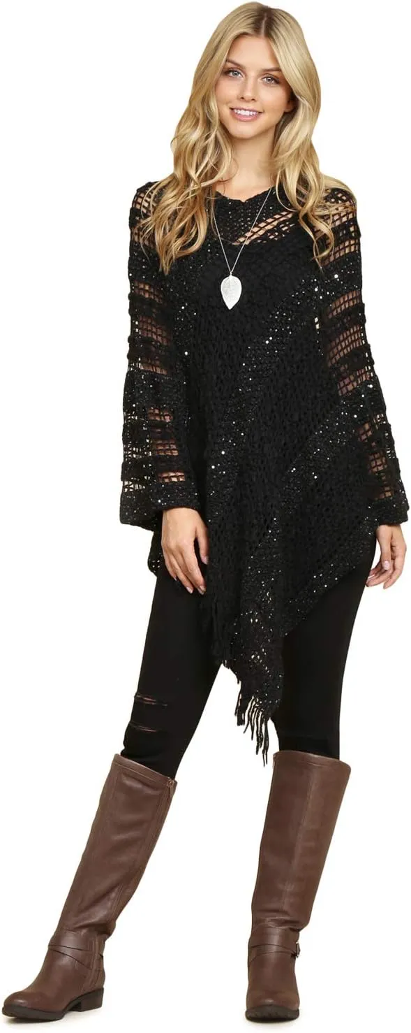 RIAH FASHION Bohemian Sequin Glitter Shawl Wrap Poncho - Kimono Cardigan, Sparkly Metallic Mesh Scarf, Open Knit Crochet