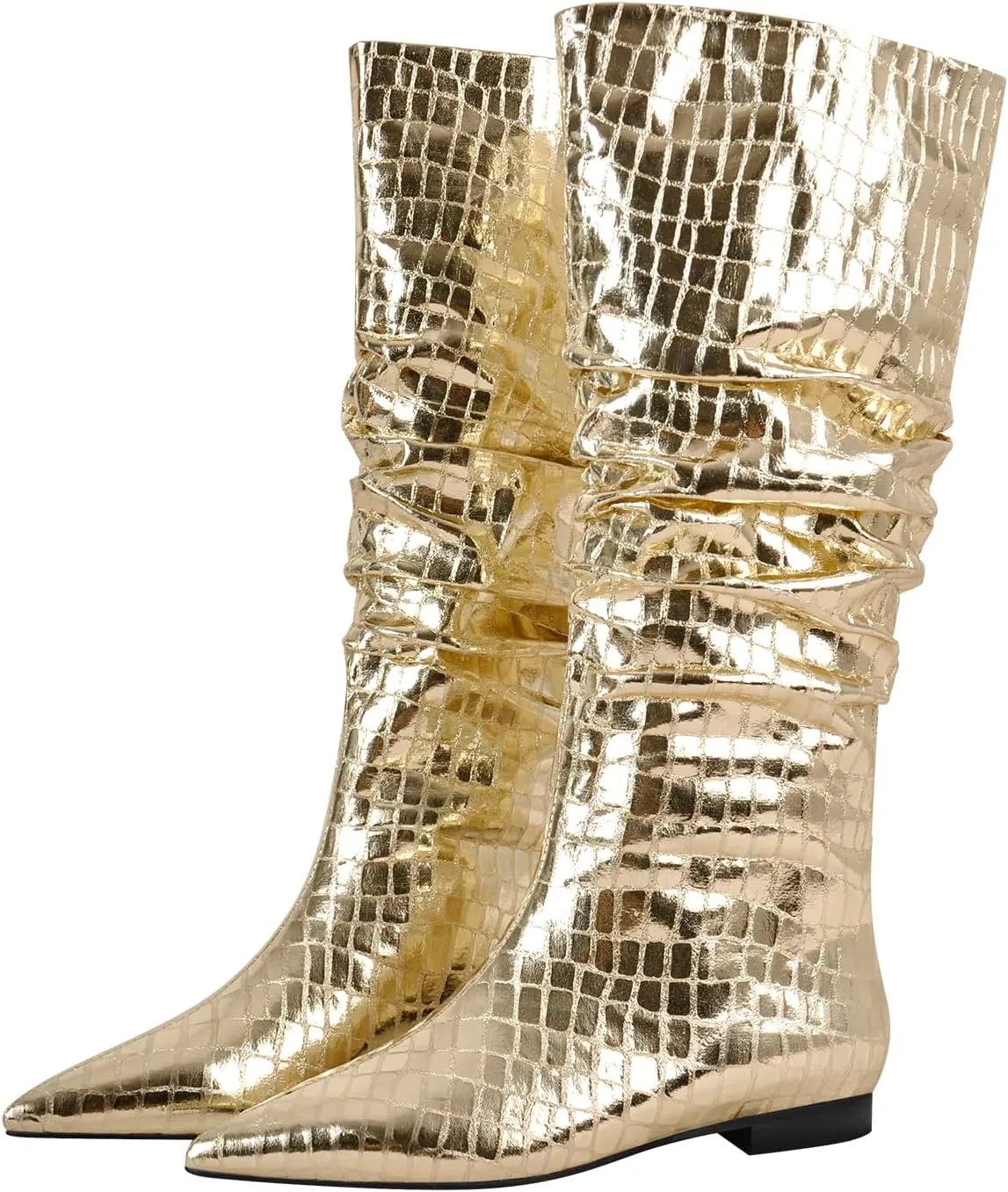 richealnini Slouchy Mid Calf Boots for Women Metallic Boots Pull on Flat Block Heel Wide Calf Boots Snake Pattern Ruched Boots