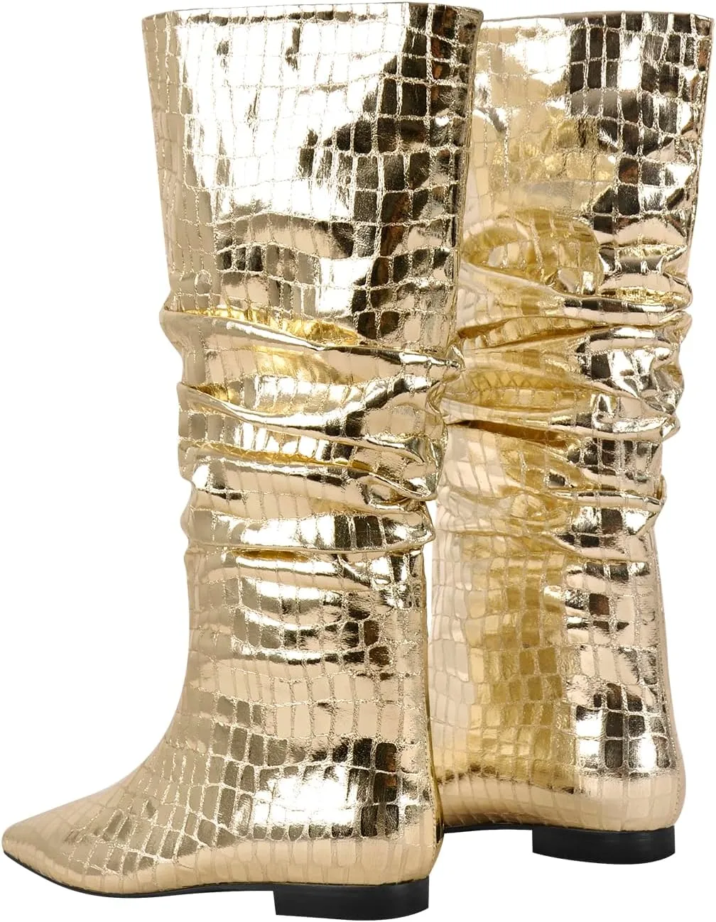 richealnini Slouchy Mid Calf Boots for Women Metallic Boots Pull on Flat Block Heel Wide Calf Boots Snake Pattern Ruched Boots