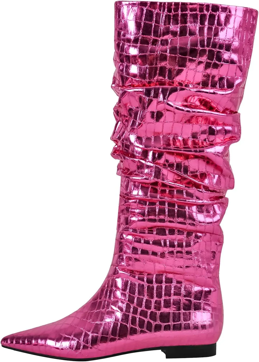 richealnini Slouchy Mid Calf Boots for Women Metallic Boots Pull on Flat Block Heel Wide Calf Boots Snake Pattern Ruched Boots