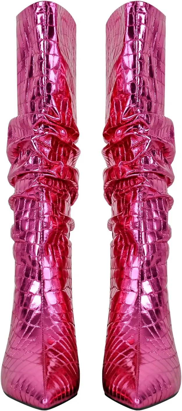 richealnini Slouchy Mid Calf Boots for Women Metallic Boots Pull on Flat Block Heel Wide Calf Boots Snake Pattern Ruched Boots