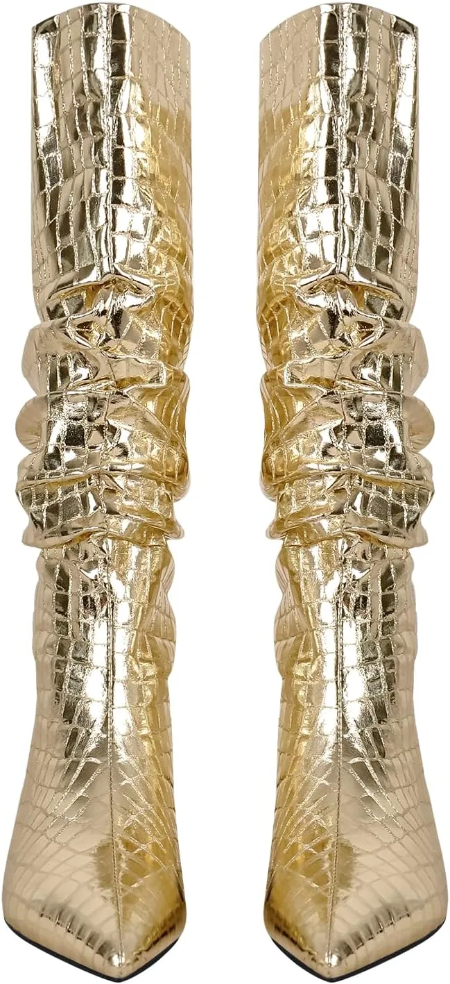 richealnini Slouchy Mid Calf Boots for Women Metallic Boots Pull on Flat Block Heel Wide Calf Boots Snake Pattern Ruched Boots