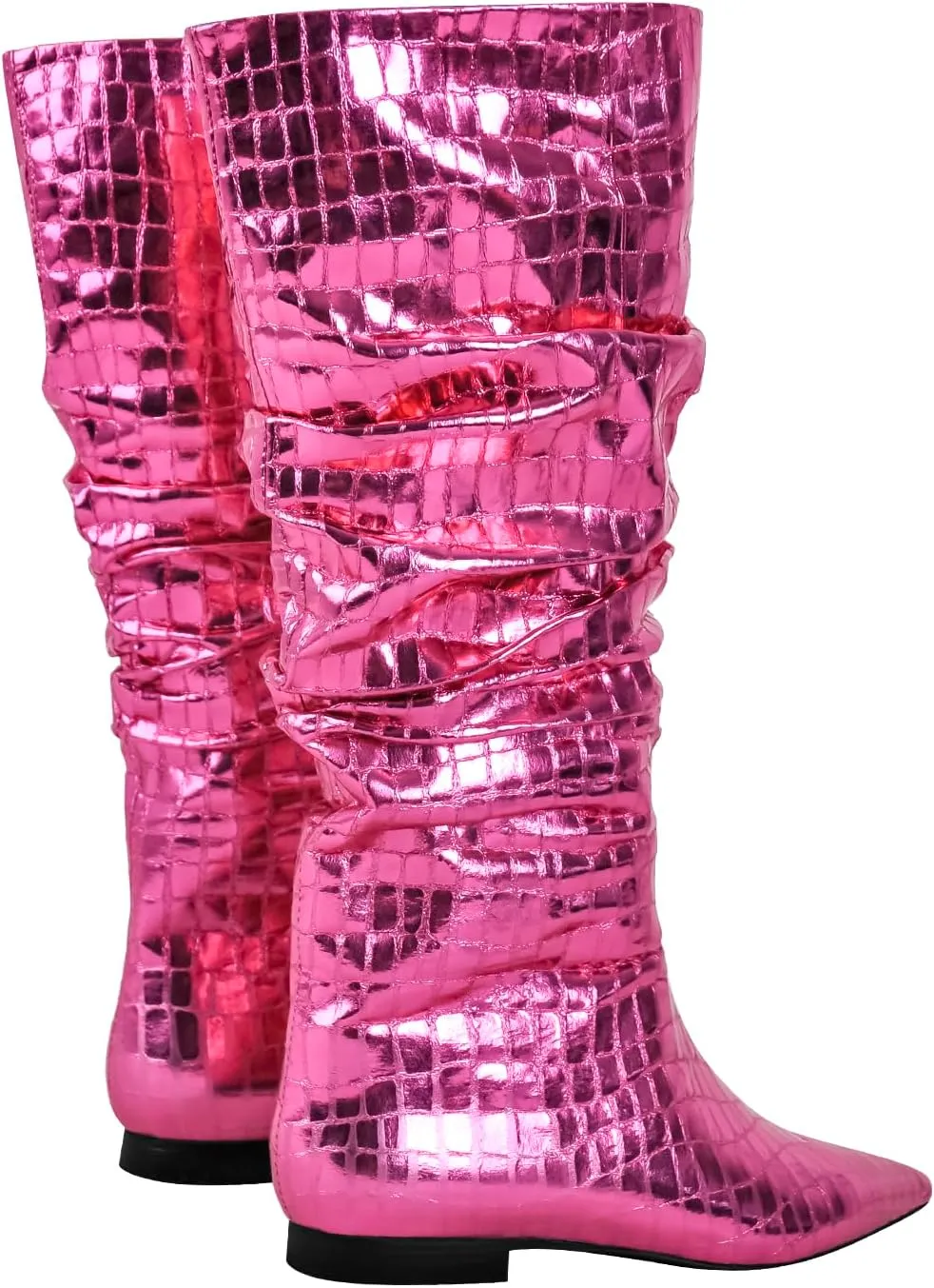 richealnini Slouchy Mid Calf Boots for Women Metallic Boots Pull on Flat Block Heel Wide Calf Boots Snake Pattern Ruched Boots
