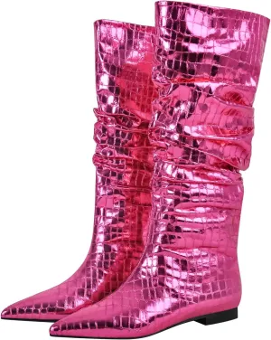 richealnini Slouchy Mid Calf Boots for Women Metallic Boots Pull on Flat Block Heel Wide Calf Boots Snake Pattern Ruched Boots
