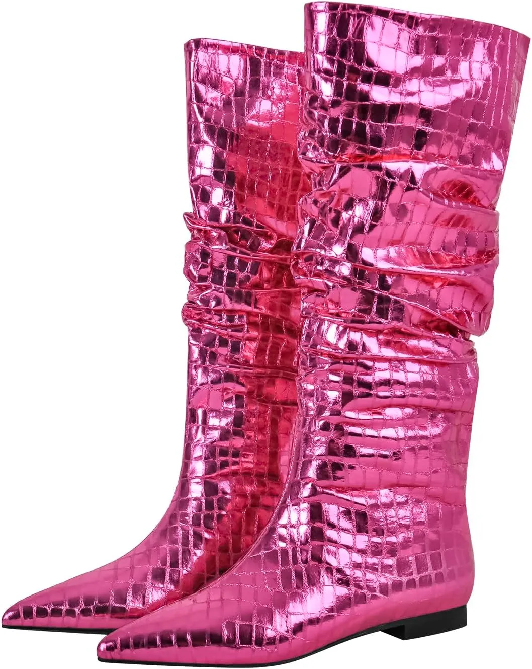 richealnini Slouchy Mid Calf Boots for Women Metallic Boots Pull on Flat Block Heel Wide Calf Boots Snake Pattern Ruched Boots