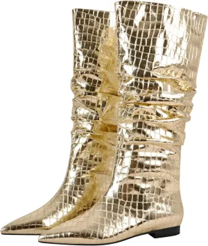 richealnini Slouchy Mid Calf Boots for Women Metallic Boots Pull on Flat Block Heel Wide Calf Boots Snake Pattern Ruched Boots