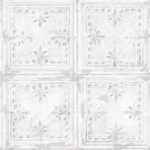 RoomMates RMK11209WP White Tin Tile Metallic Accent Peel and Stick Wallpaper