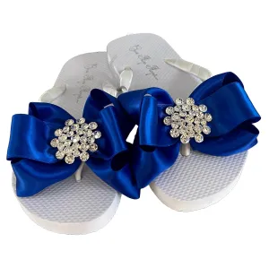 Royal Blue Satin Bow Flip Flops with Large Jewel Rhinestone Embellishment, Customize Ribbon and Sandal Colors, Flat or Wedge, Ivory Silver Black Purple
