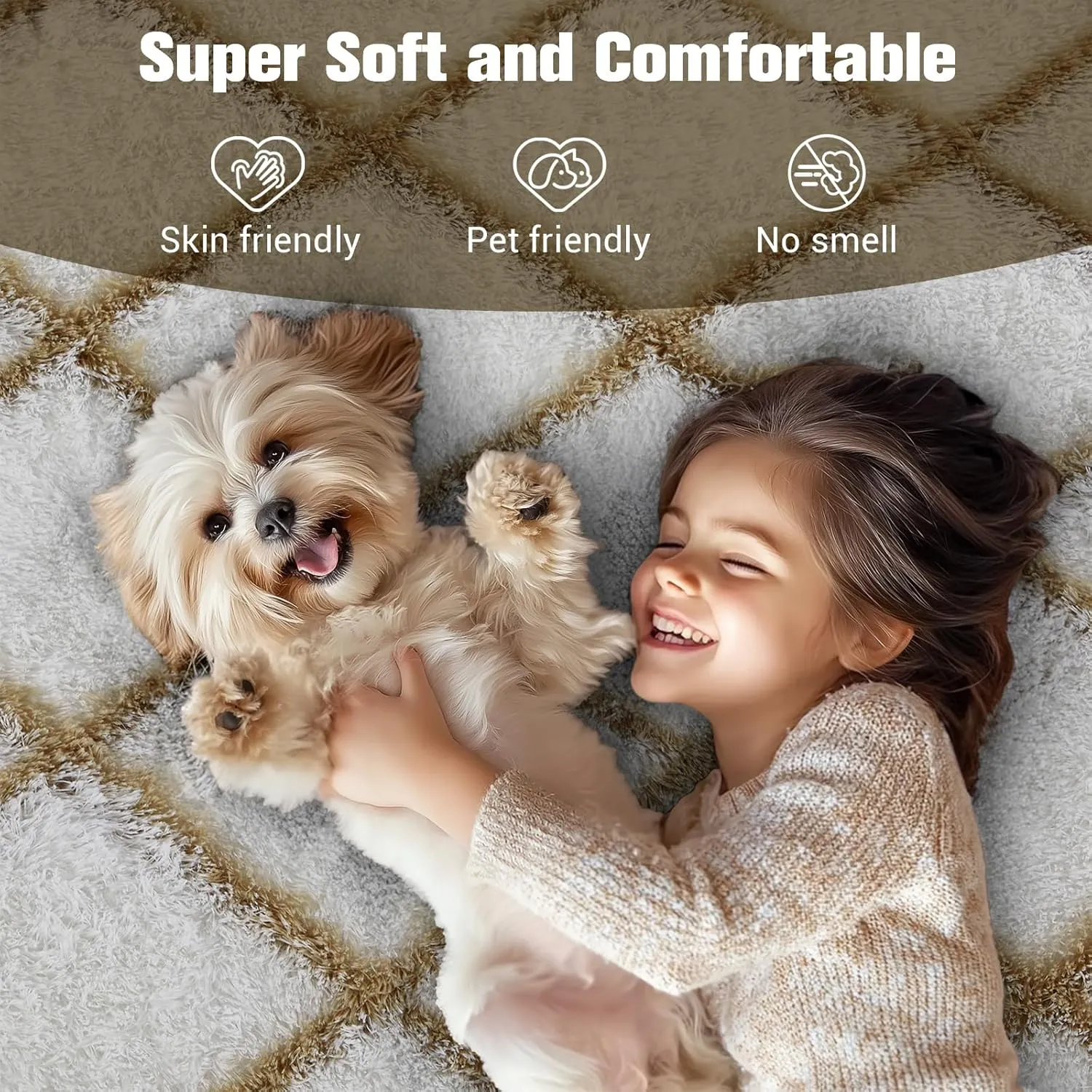 Rug Fluffy Rug for Bedroom, Super Soft Rug, 5X7Feet Stripe Checkered Rug Anti-Skid High Pile for Living Room Bedroom Kids Room Nursery, Dorm Home Decor