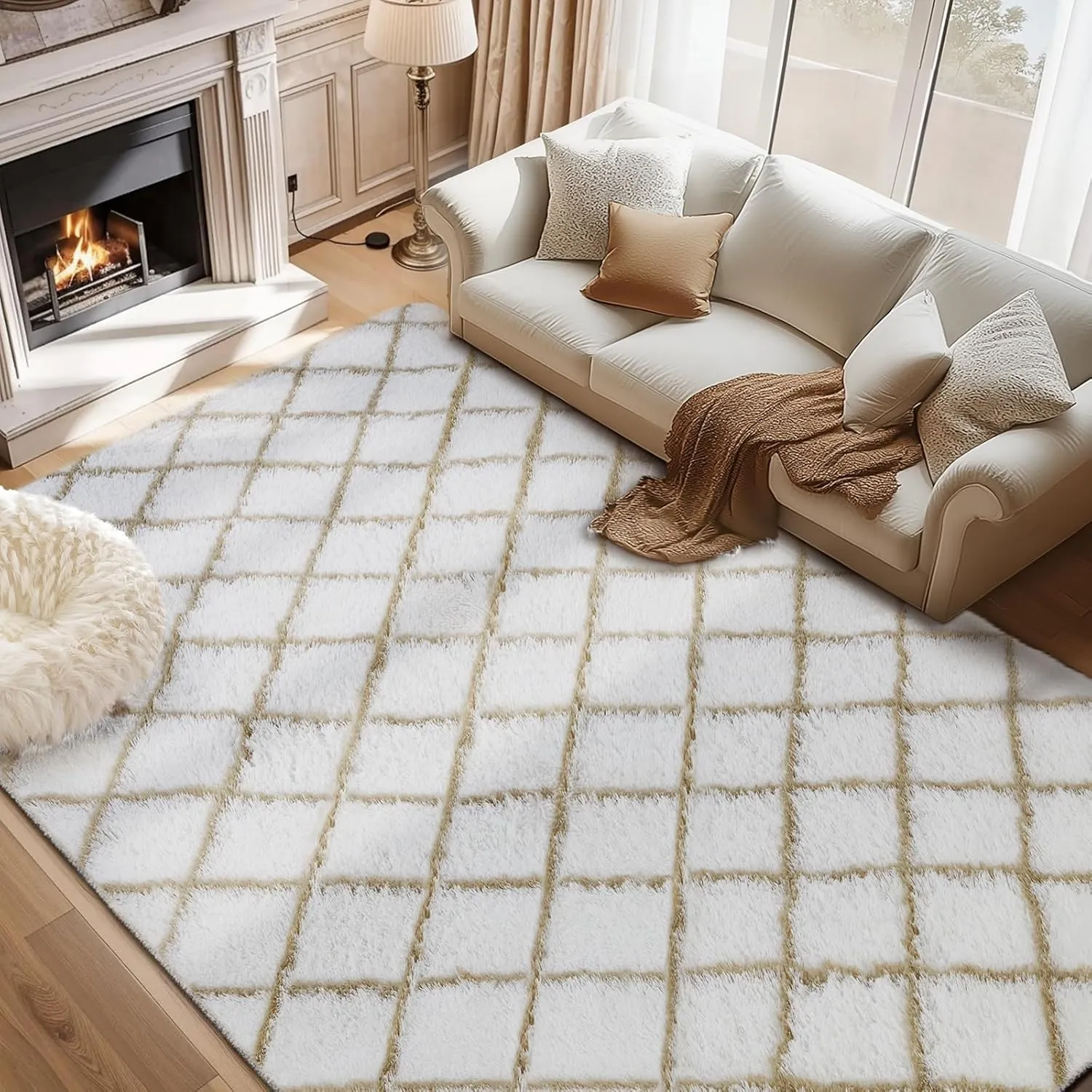 Rug Fluffy Rug for Bedroom, Super Soft Rug, 5X7Feet Stripe Checkered Rug Anti-Skid High Pile for Living Room Bedroom Kids Room Nursery, Dorm Home Decor