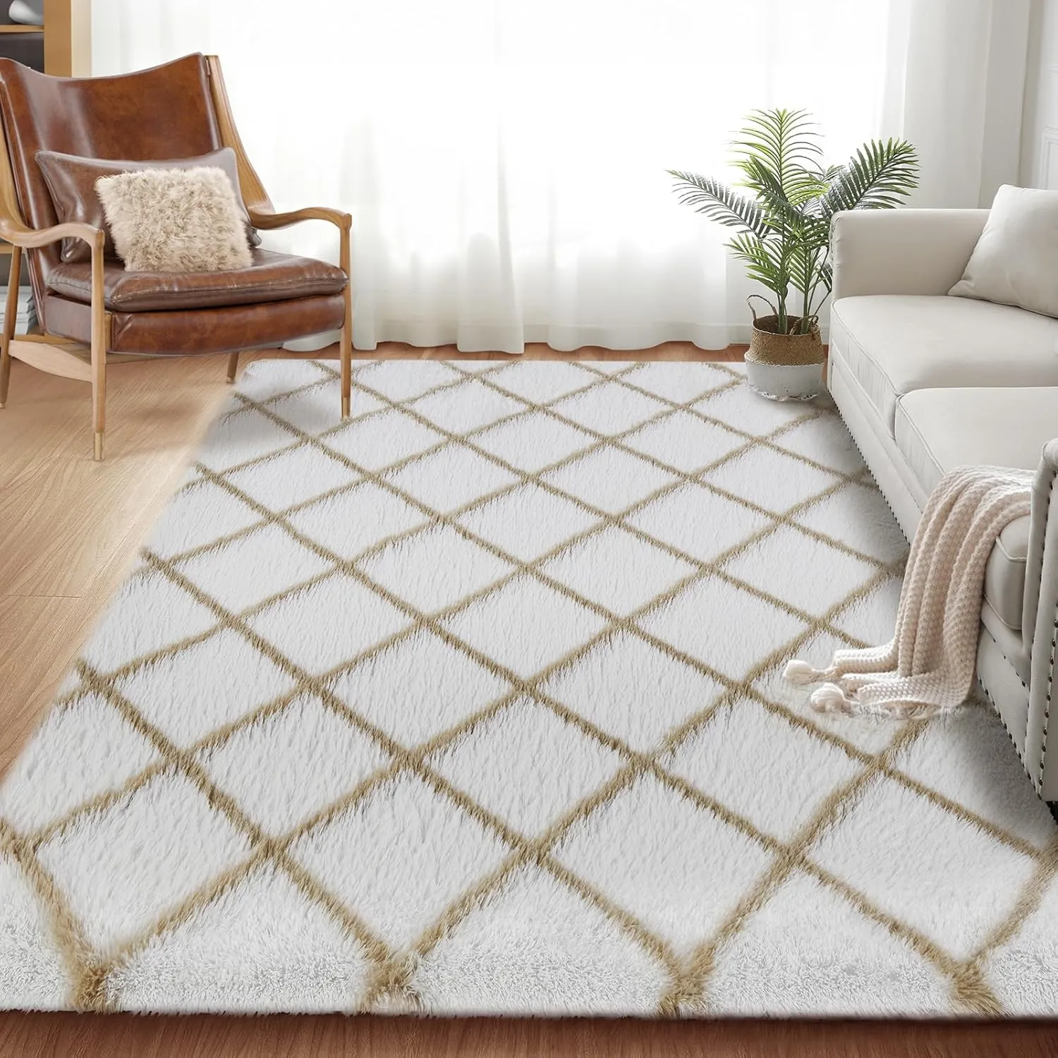 Rug Fluffy Rug for Bedroom, Super Soft Rug, 5X7Feet Stripe Checkered Rug Anti-Skid High Pile for Living Room Bedroom Kids Room Nursery, Dorm Home Decor