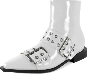 SAMMITOP Women's Ankle Boot Chunky Low Heel Dress Ankle Boots Classic Pointed Toe Side Zipper Chelsea Booties with Metal Buckle Eyelet 1.2 Inch