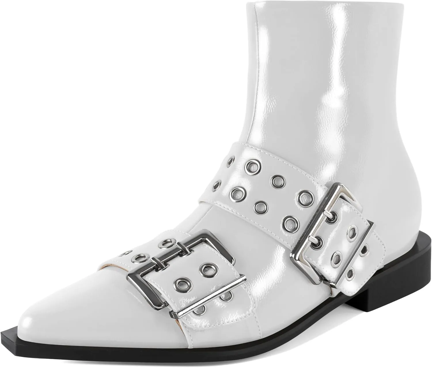 SAMMITOP Women's Ankle Boot Chunky Low Heel Dress Ankle Boots Classic Pointed Toe Side Zipper Chelsea Booties with Metal Buckle Eyelet 1.2 Inch