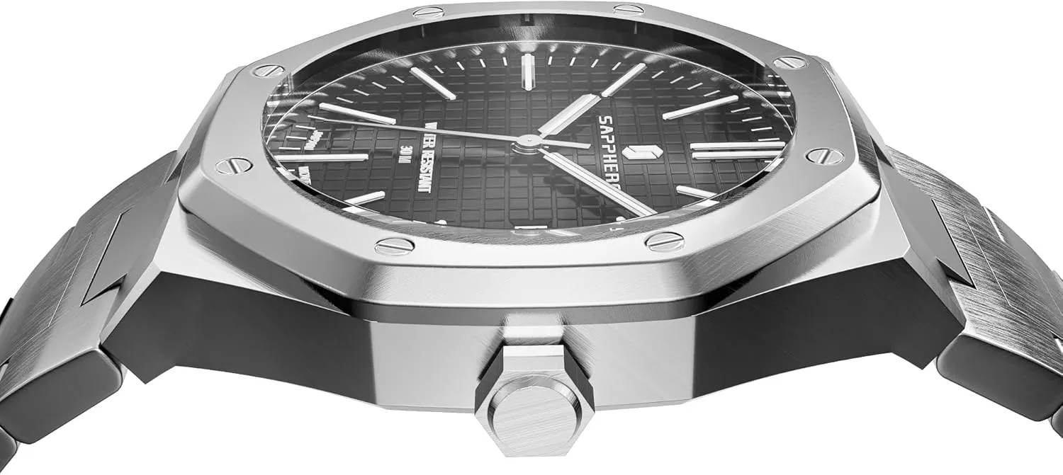 SAPPHERO Men's Watch Octagonal Stainless Steel 30M Waterproof Luminous Wristwatch Luxury Analog Quartz Watch for Men with Date Elegant Mens