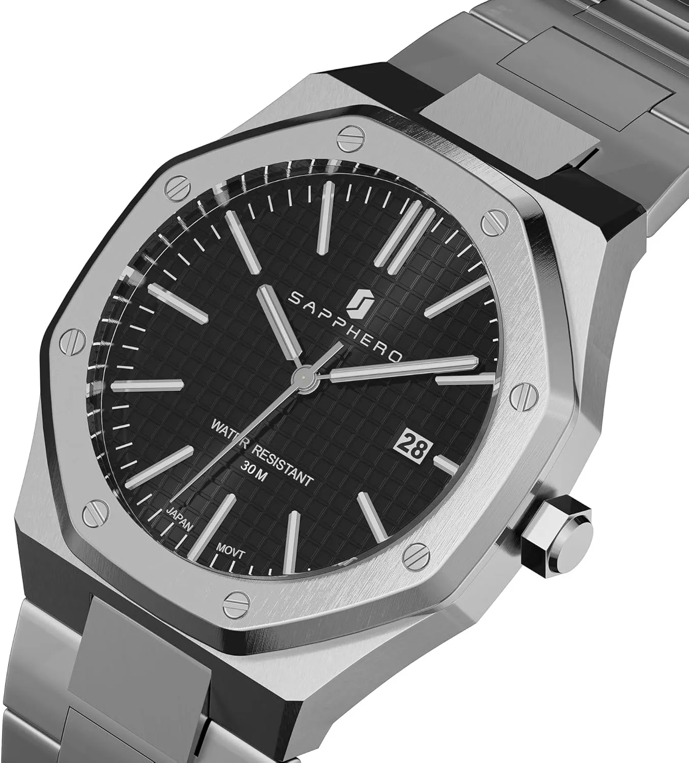 SAPPHERO Men's Watch Octagonal Stainless Steel 30M Waterproof Luminous Wristwatch Luxury Analog Quartz Watch for Men with Date Elegant Mens