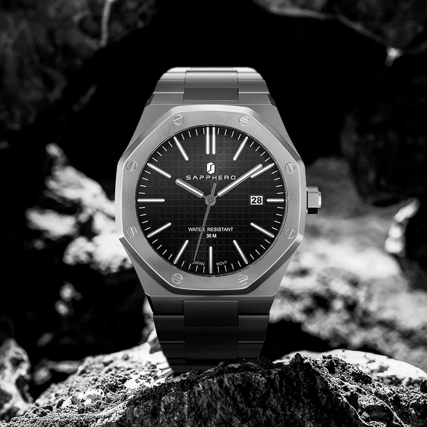 SAPPHERO Men's Watch Octagonal Stainless Steel 30M Waterproof Luminous Wristwatch Luxury Analog Quartz Watch for Men with Date Elegant Mens