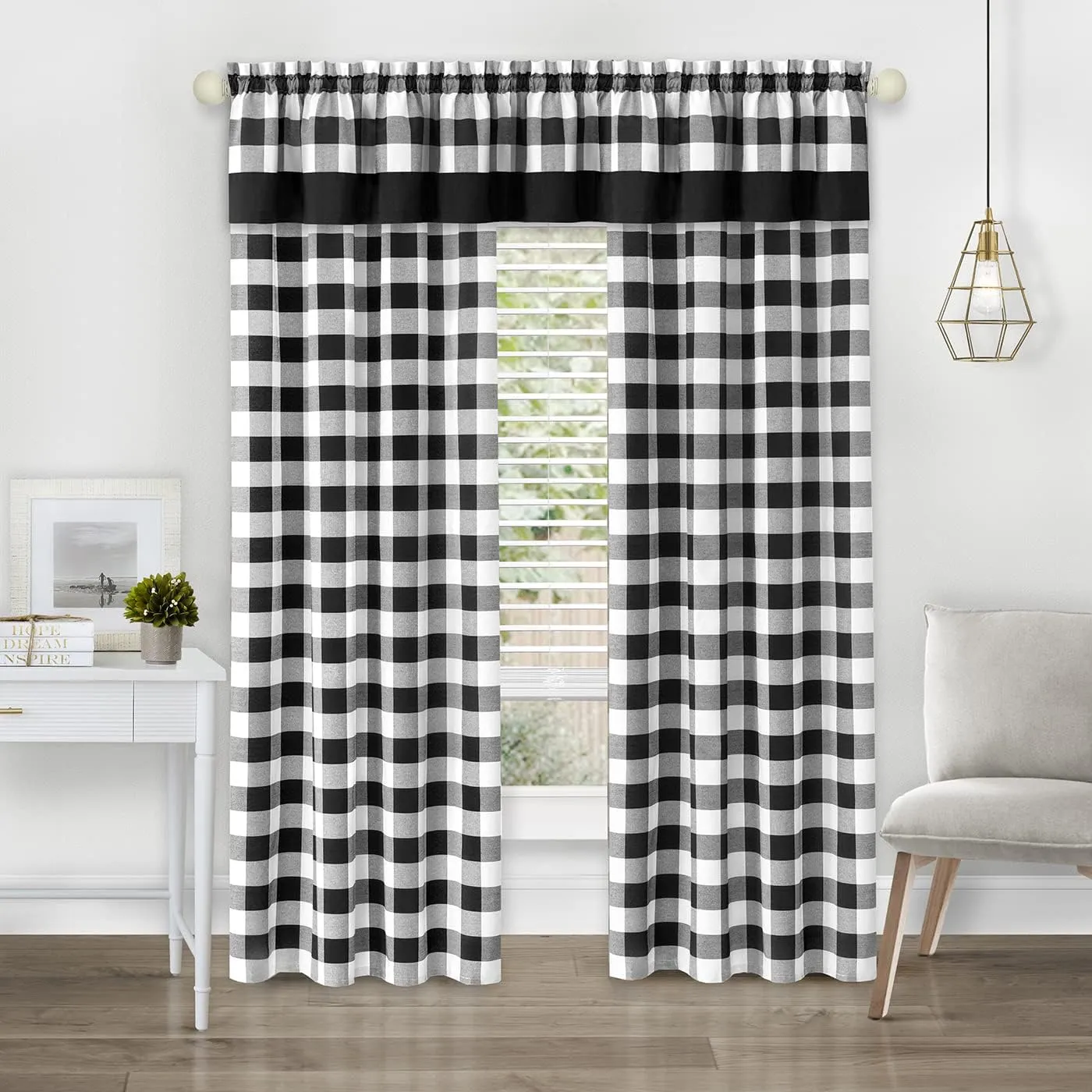 Semi Sheer Checkered Curtains 84 Inches Long, Rustic Farmhouse Gingham Curtains for Bedroom, Living Room, and Kitchen, Single Panel, 42" x 84", Black