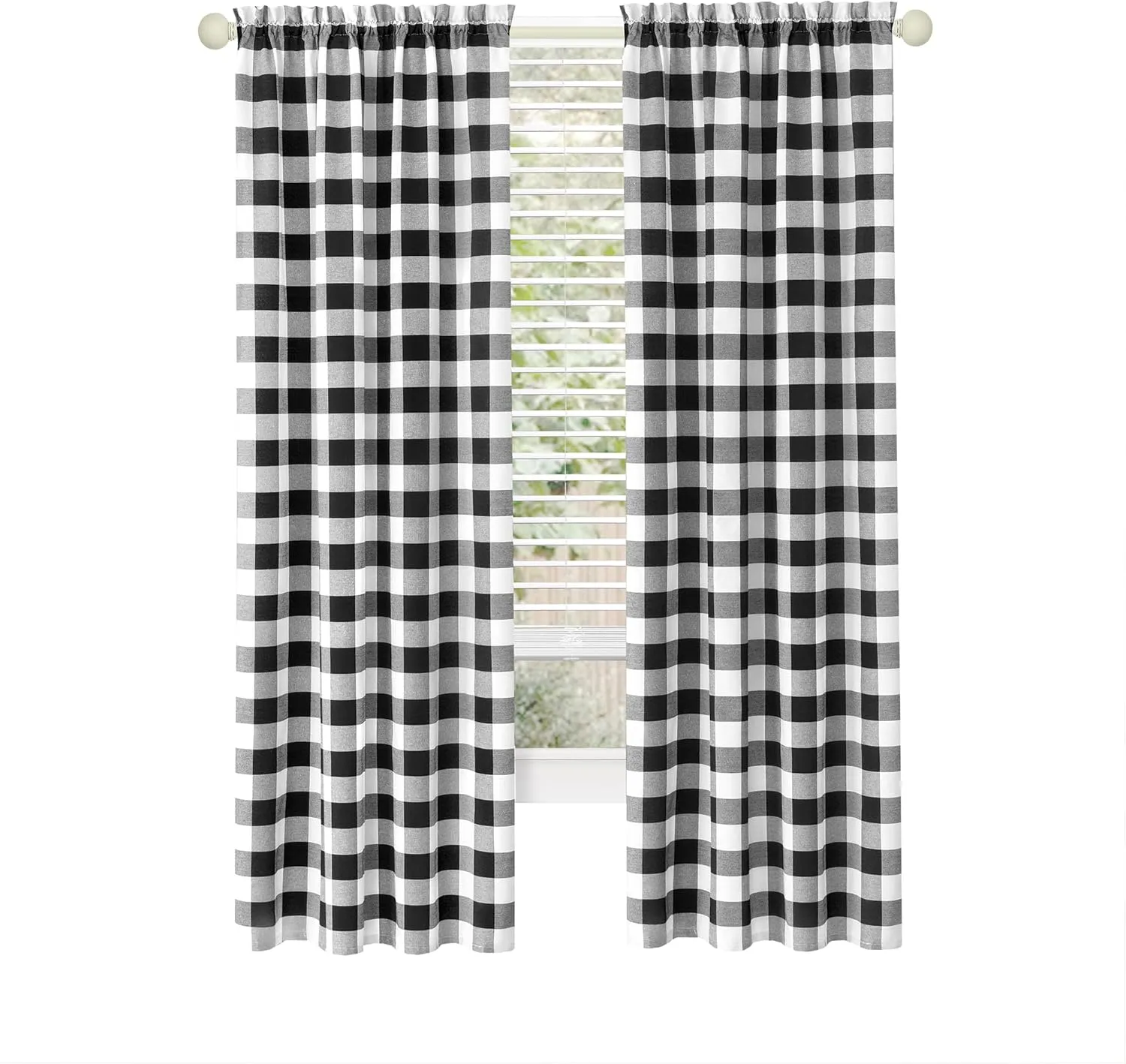 Semi Sheer Checkered Curtains 84 Inches Long, Rustic Farmhouse Gingham Curtains for Bedroom, Living Room, and Kitchen, Single Panel, 42" x 84", Black