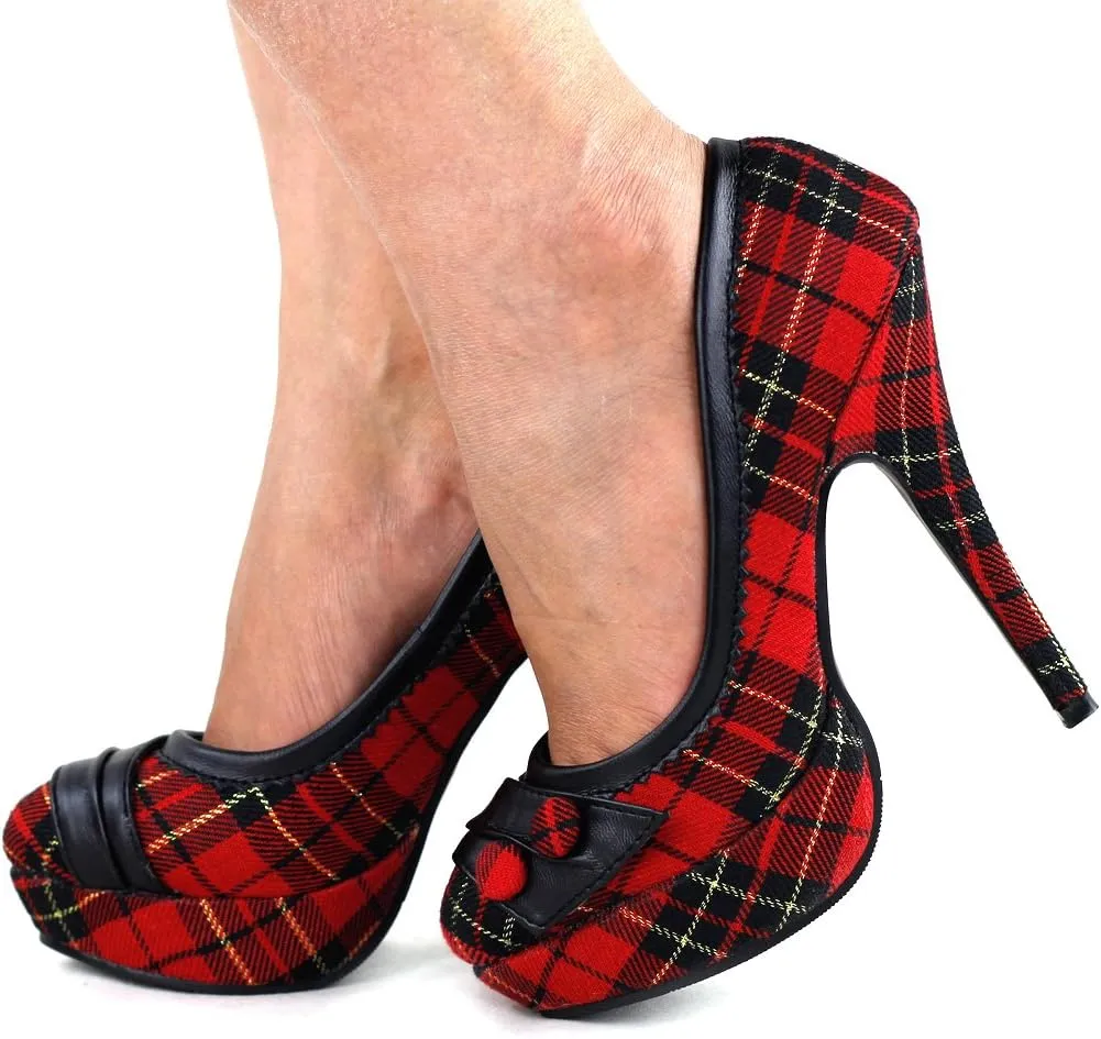 SHOW STORY Classic Checkered Buttons High Heel Platform Stiletto Pumps,LF30441