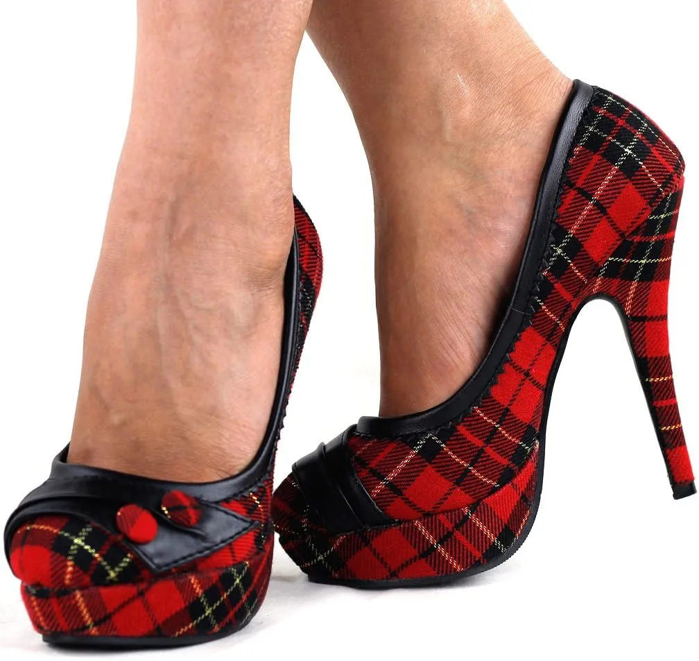 SHOW STORY Classic Checkered Buttons High Heel Platform Stiletto Pumps,LF30441