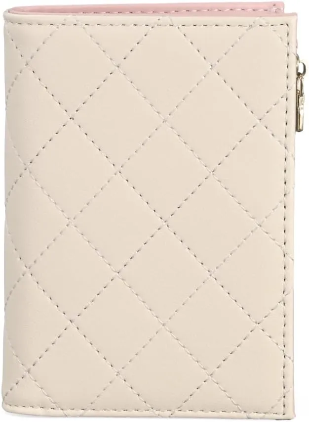 Slim Bi-fold Checkered Quilted Leather Wallet | Classic Minimalist Style w. ID Window/Card Slot/Bill Holder/Zip Coin Pocket for Women (Cream Quilted)