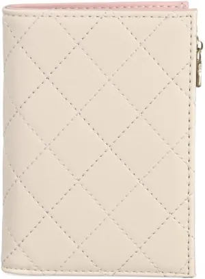 Slim Bi-fold Checkered Quilted Leather Wallet | Classic Minimalist Style w. ID Window/Card Slot/Bill Holder/Zip Coin Pocket for Women (Cream Quilted)