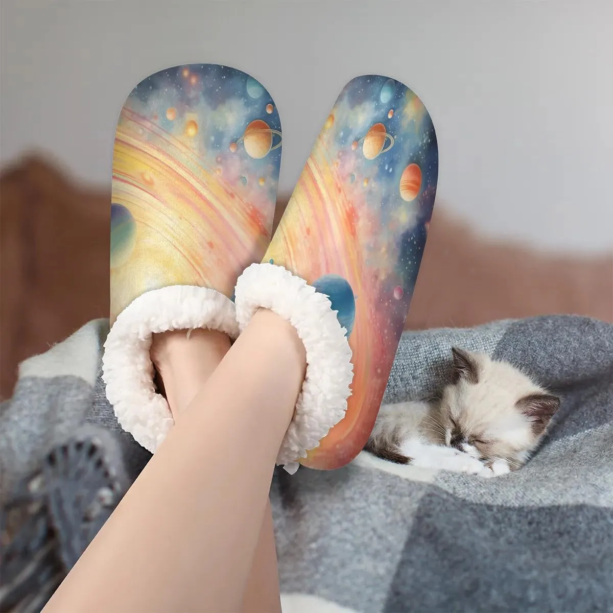 Slippers for Women Solar System Galaxy Warm Soft Cozy Warm House Slipper With Fuzzy Closed Back Anti-Slip Memory Foam Non Slip Sole for Indoor Bedroom Winter Ladies Shoes Medium 7-8