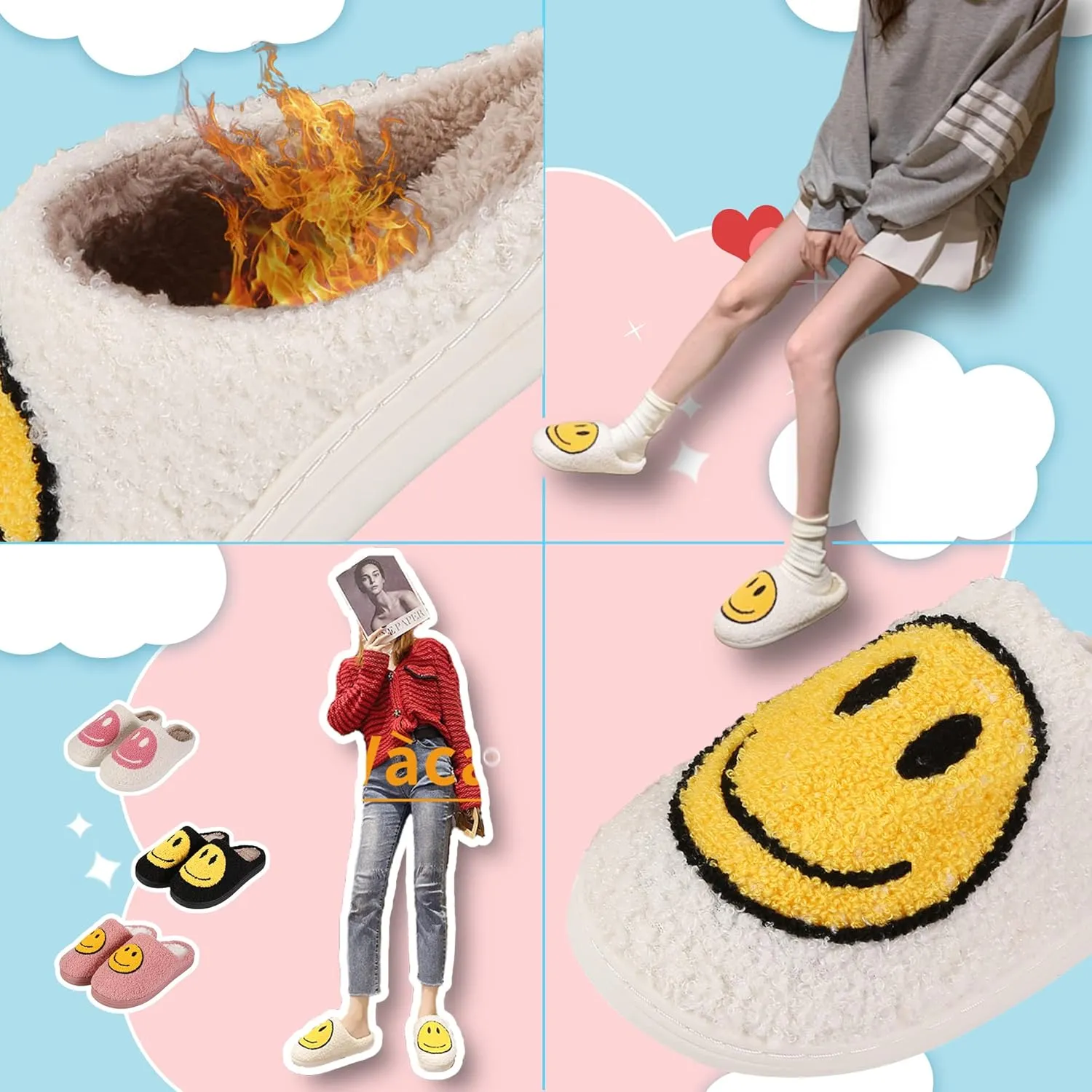 Smile Face Slippers For Women Men, Retro Soft Plush Lightweight Cute Happy Face House Slides, Cozy Fluffy Warm Home Cloud Slippers Slip-On Fleece Shoes Non-Slip Indoor Outdoor