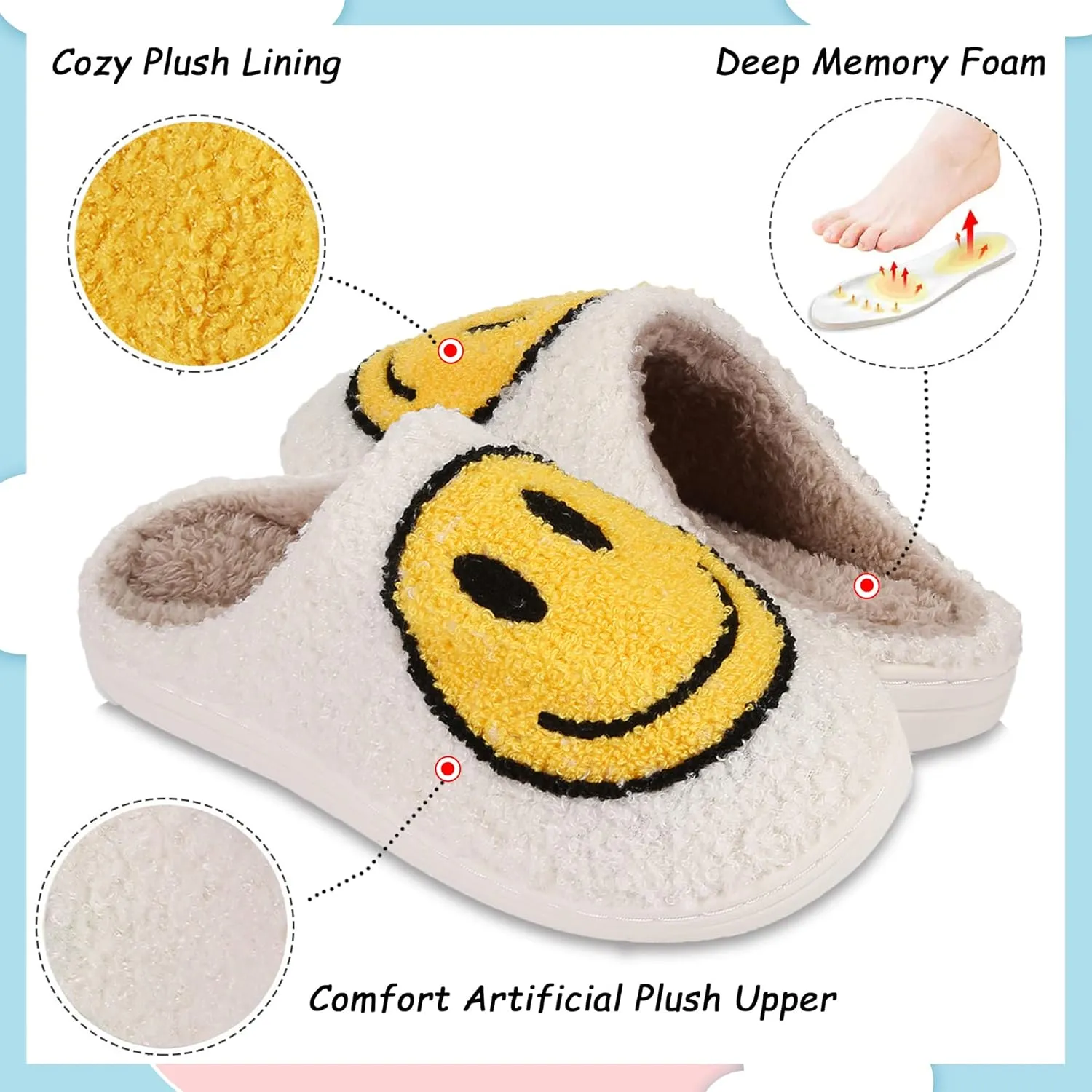 Smile Face Slippers For Women Men, Retro Soft Plush Lightweight Cute Happy Face House Slides, Cozy Fluffy Warm Home Cloud Slippers Slip-On Fleece Shoes Non-Slip Indoor Outdoor