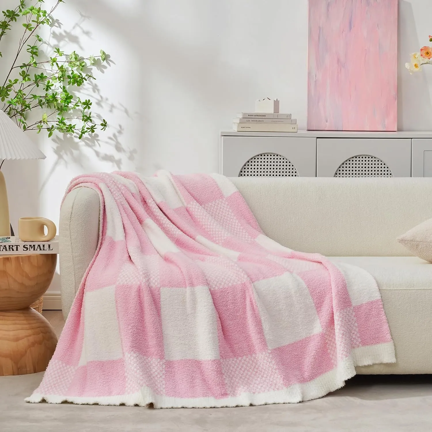Snuggle Sac Checkered Blanket, Baby Pink Throw Blanket for Couch Plaid Microfiber Fluffy Warm Cozy Fuzzy Soft Throw Blanket Reversible Checkerered Blankets for Sofa, Chair, Bed, 50x60 inches