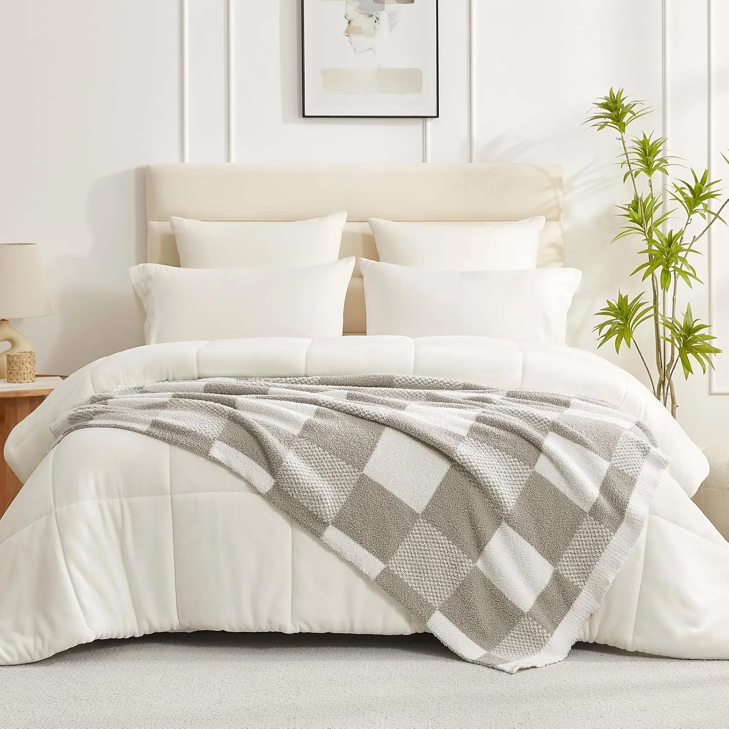 Snuggle Sac Checkered Blanket, Grey Throw Blanket for Couch Checker Microfiber Fluffy Warm Fuzzy Cozy Soft Throw Blanket Reversible Checkerered Blankets for Sofa, Chair, Bed, 50x60 inches