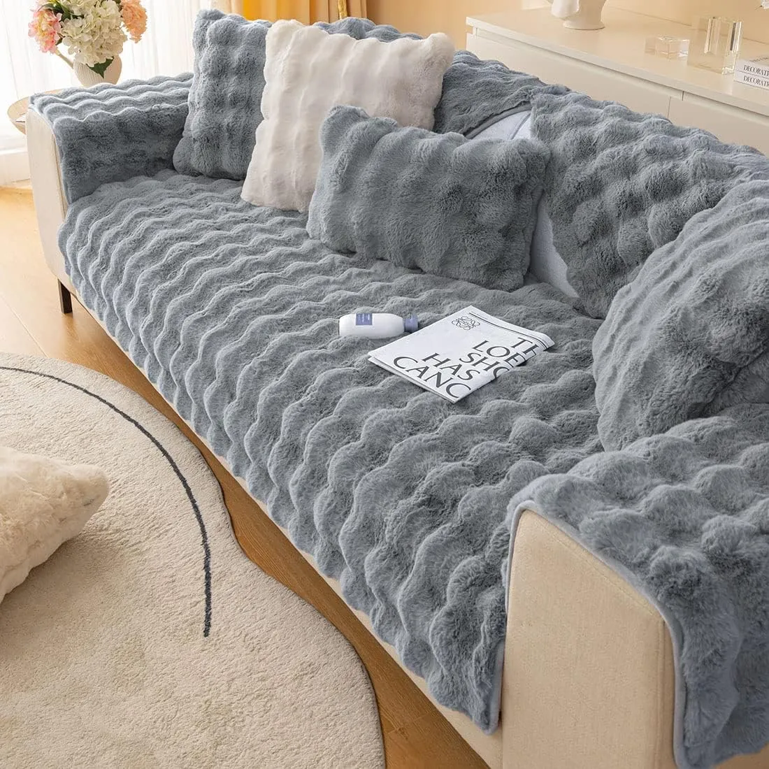 Soft Warm Faux Fur Couch Sofa Cover Thick Shaggy Fuzzy Sectional Couch Cover Non-Slip Solid Color Plush Sofa Slipcover Furniture Protector for Kids, Pets (Dark Grey,43"x94")