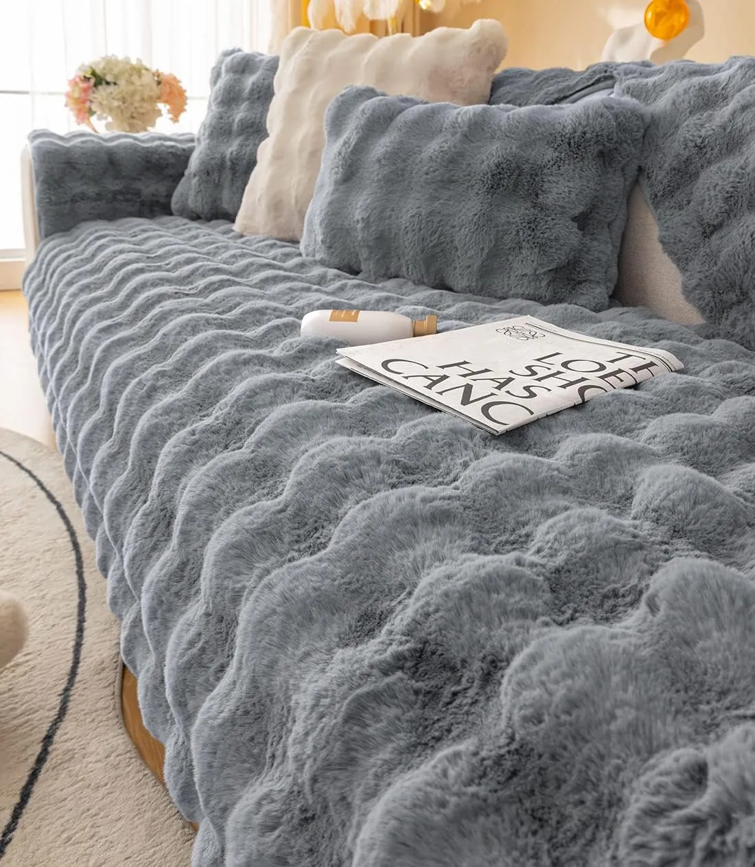 Soft Warm Faux Fur Couch Sofa Cover Thick Shaggy Fuzzy Sectional Couch Cover Non-Slip Solid Color Plush Sofa Slipcover Furniture Protector for Kids, Pets (Dark Grey,43"x94")