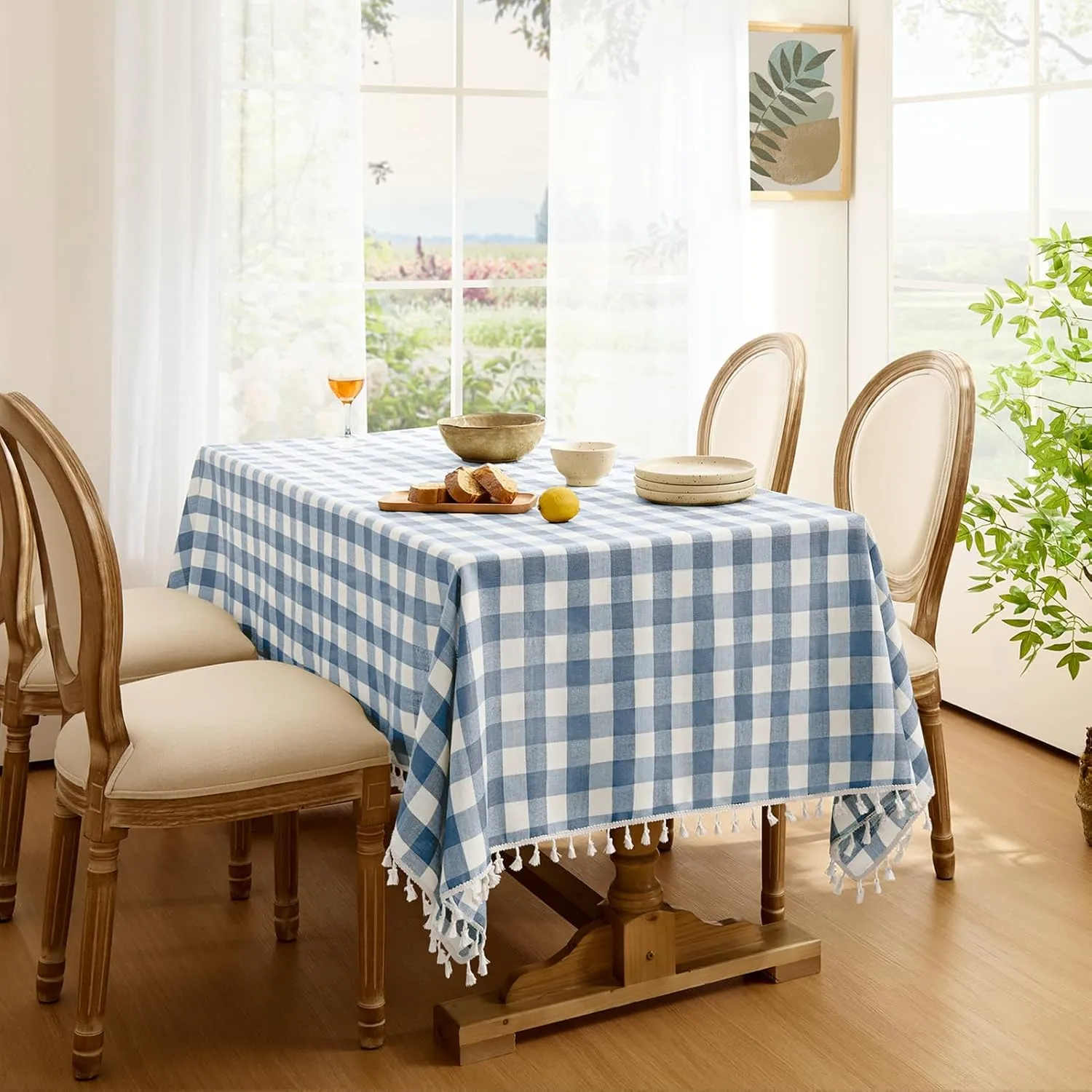 Softalker Checkered Tablecloth Rectangle, Heavy Weight Linen Cotton Gingham Boho Table Cloth with Tassel, Washable Wrinkle Free Buffalo Plaid Table Cover for Dining/Party/Outdoor - 55 x 84 Inch, Blue
