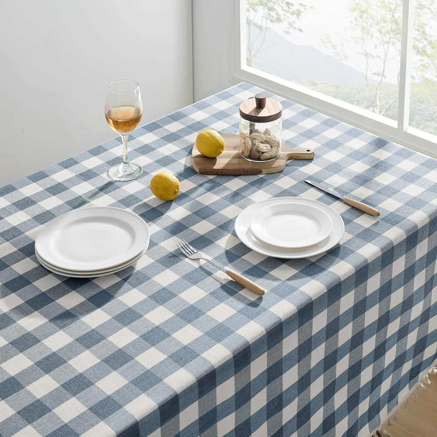 Softalker Checkered Tablecloth Rectangle, Heavy Weight Linen Cotton Gingham Boho Table Cloth with Tassel, Washable Wrinkle Free Buffalo Plaid Table Cover for Dining/Party/Outdoor - 55 x 84 Inch, Blue