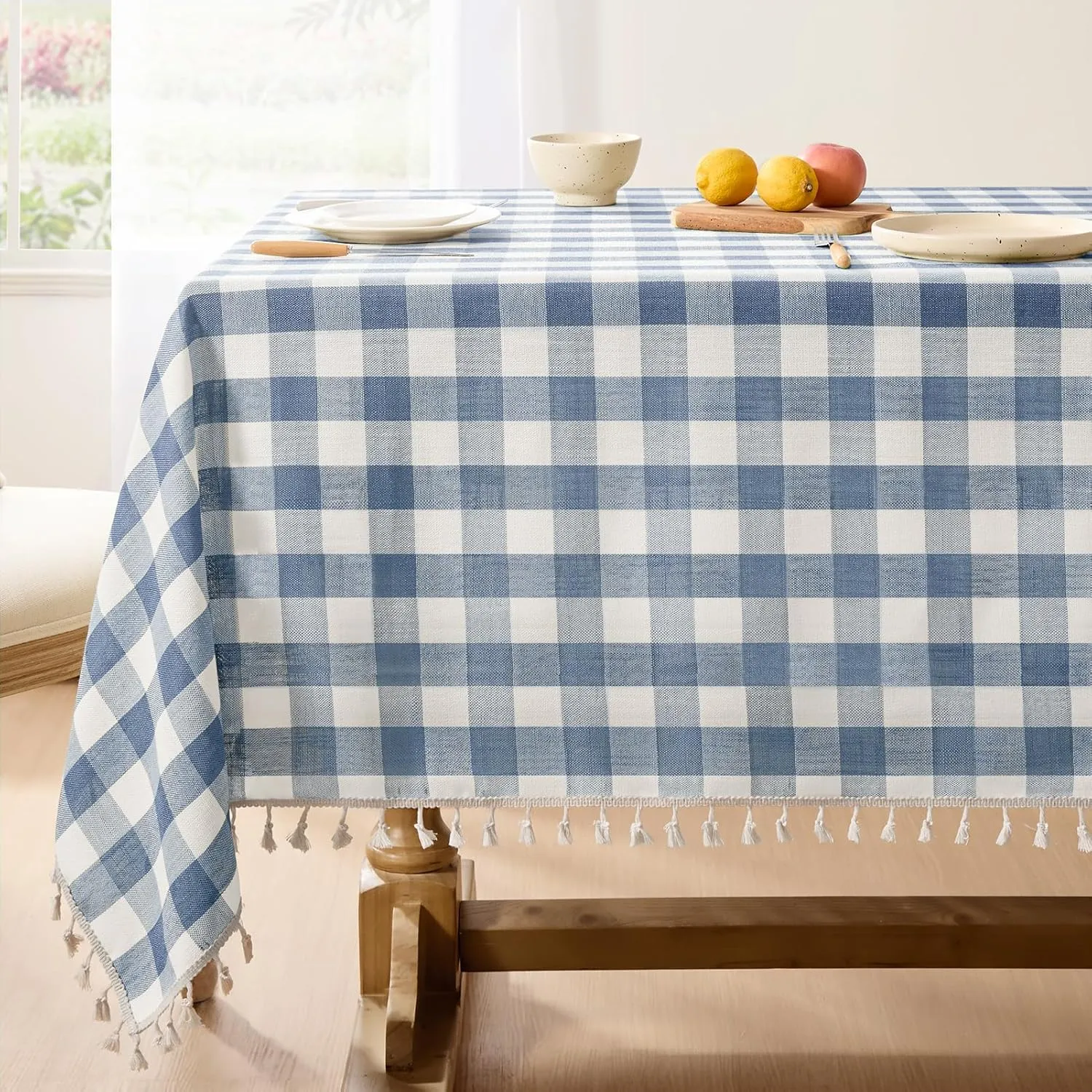 Softalker Checkered Tablecloth Rectangle, Heavy Weight Linen Cotton Gingham Boho Table Cloth with Tassel, Washable Wrinkle Free Buffalo Plaid Table Cover for Dining/Party/Outdoor - 55 x 84 Inch, Blue