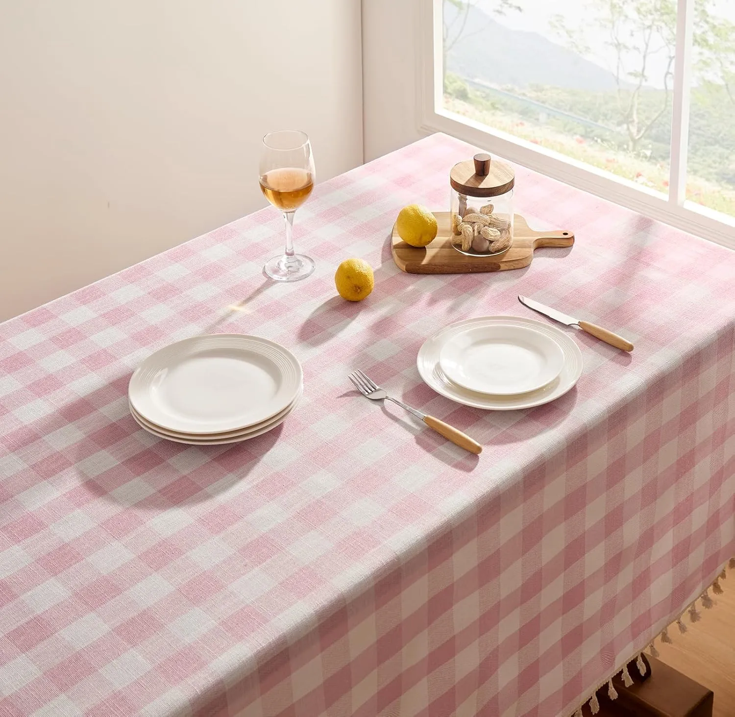 Softalker Checkered Tablecloth Rectangle, Heavy Weight Linen Cotton Gingham Boho Table Cloth with Tassel, Washable Wrinkle Free Buffalo Plaid Table Cover for Dining/Party/Outdoor - 55 x 84 Inch, Pink