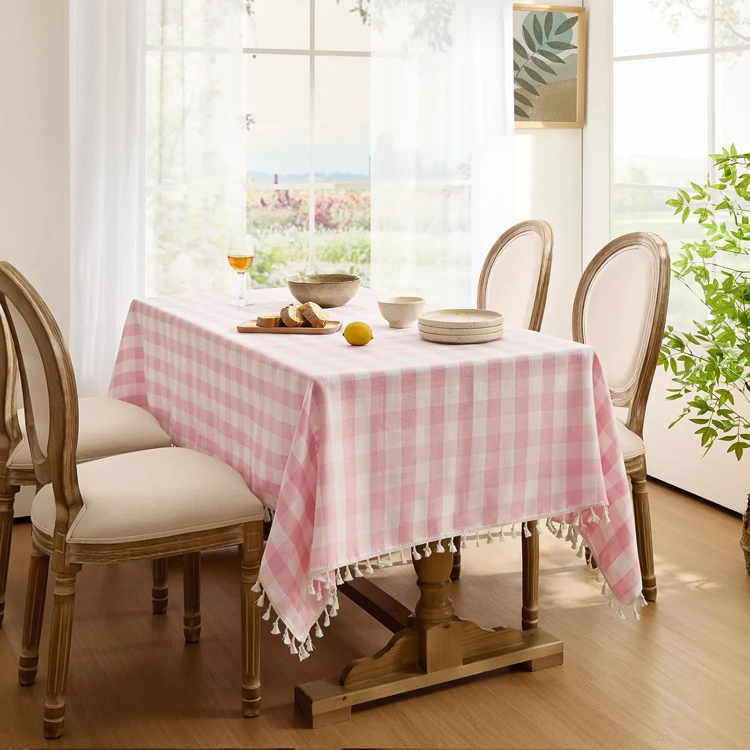 Softalker Checkered Tablecloth Rectangle, Heavy Weight Linen Cotton Gingham Boho Table Cloth with Tassel, Washable Wrinkle Free Buffalo Plaid Table Cover for Dining/Party/Outdoor - 55 x 84 Inch, Pink