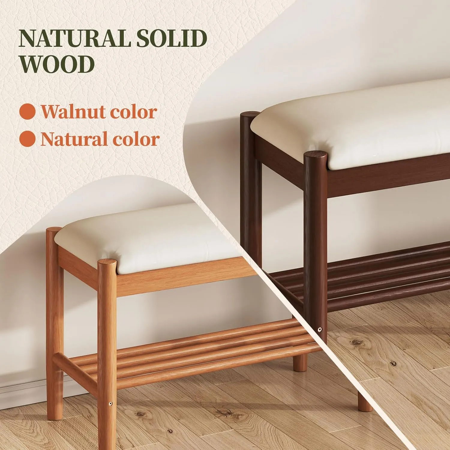 Solid Wood Shoe Bench with Cushion, 2-Tier Shoe Rack for Front Door Entrance, Enterway Benches with Shoe Storage (Natural, 31.5in)