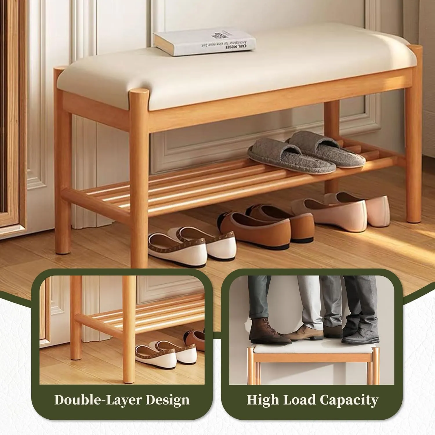 Solid Wood Shoe Bench with Cushion, 2-Tier Shoe Rack for Front Door Entrance, Enterway Benches with Shoe Storage (Natural, 31.5in)