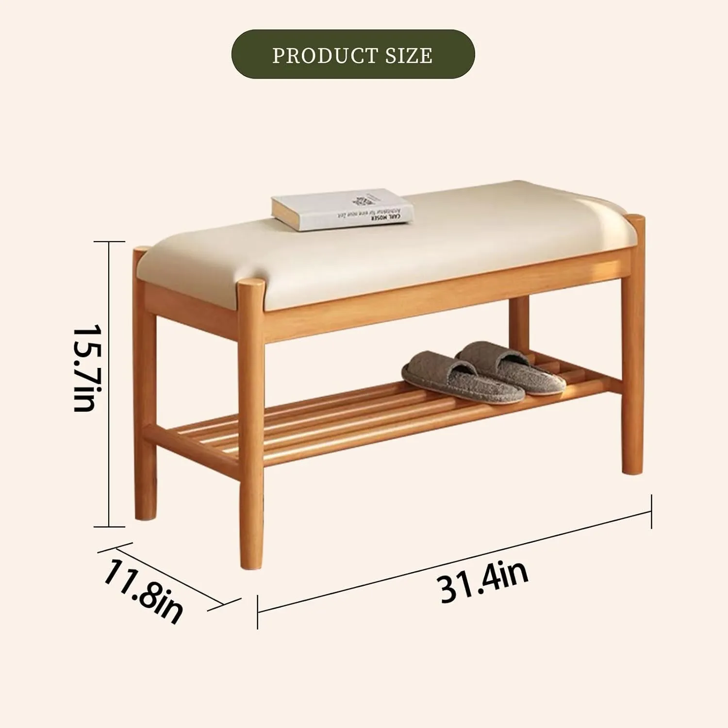 Solid Wood Shoe Bench with Cushion, 2-Tier Shoe Rack for Front Door Entrance, Enterway Benches with Shoe Storage (Natural, 31.5in)