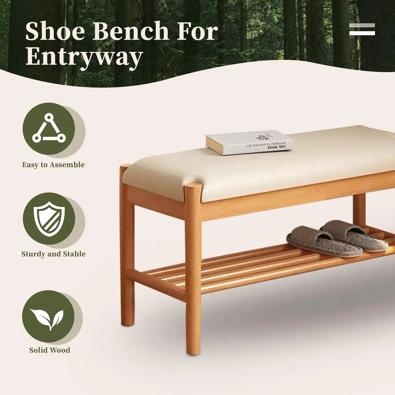 Solid Wood Shoe Bench with Cushion, 2-Tier Shoe Rack for Front Door Entrance, Enterway Benches with Shoe Storage (Natural, 31.5in)