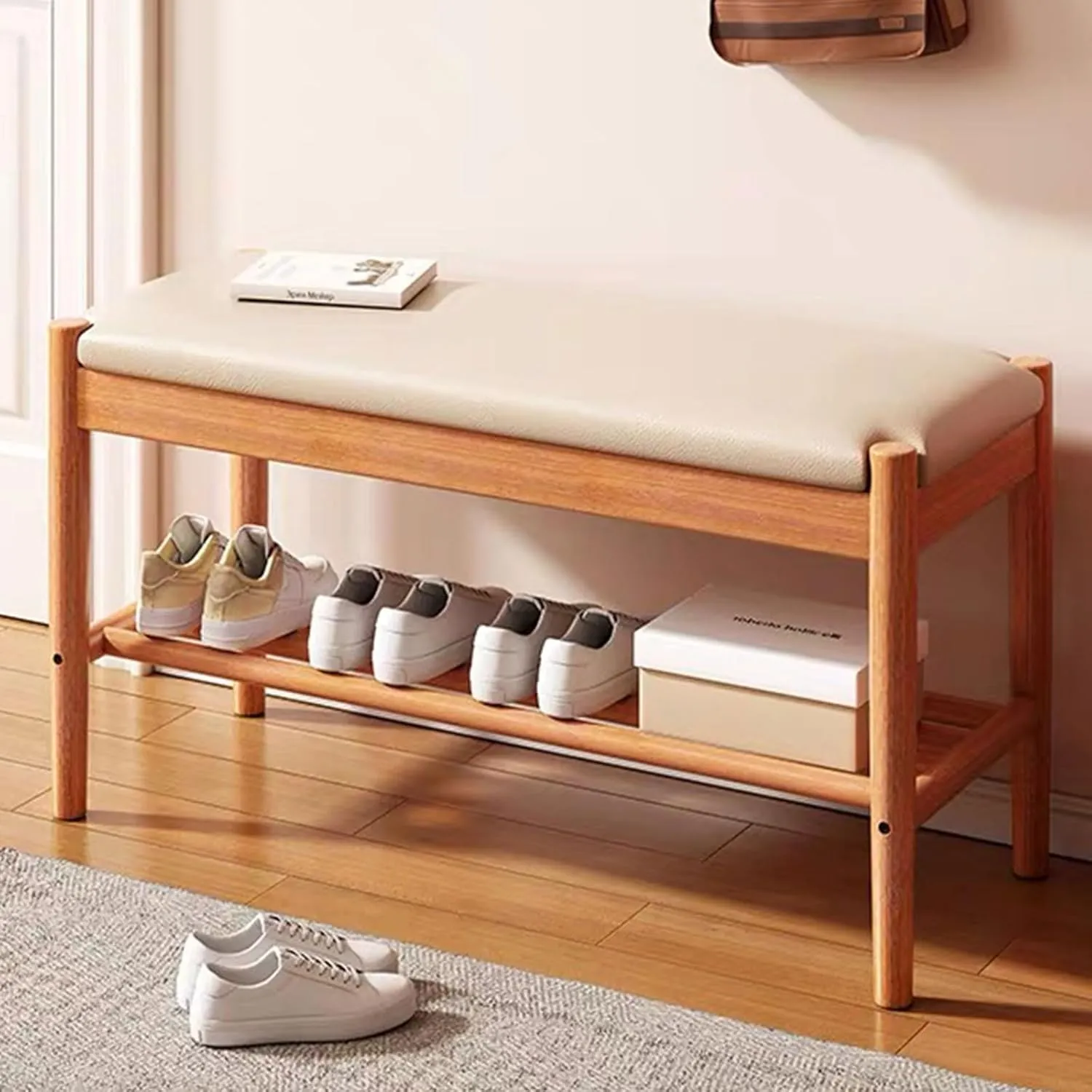 Solid Wood Shoe Bench with Cushion, 2-Tier Shoe Rack for Front Door Entrance, Enterway Benches with Shoe Storage (Natural, 31.5in)