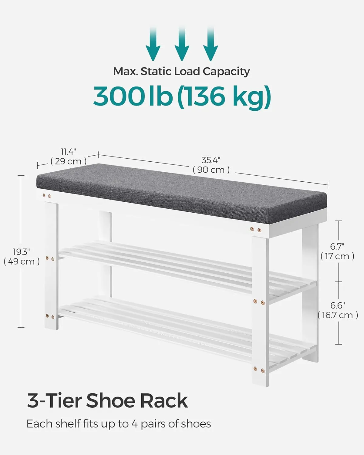 SONGMICS Bamboo Shoe Bench, 3-Tier Shoe Rack Organizer for Entryway, Living Room, Bench Seat Holds Up to 330 lb, 11.4 x 35.4 x 19.3 Inches, White and Gray ULBS904W01