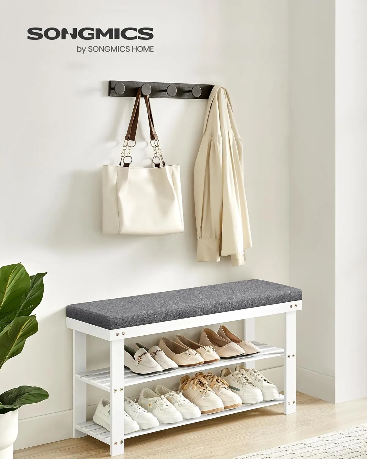 SONGMICS Bamboo Shoe Bench, 3-Tier Shoe Rack Organizer for Entryway, Living Room, Bench Seat Holds Up to 330 lb, 11.4 x 35.4 x 19.3 Inches, White and Gray ULBS904W01