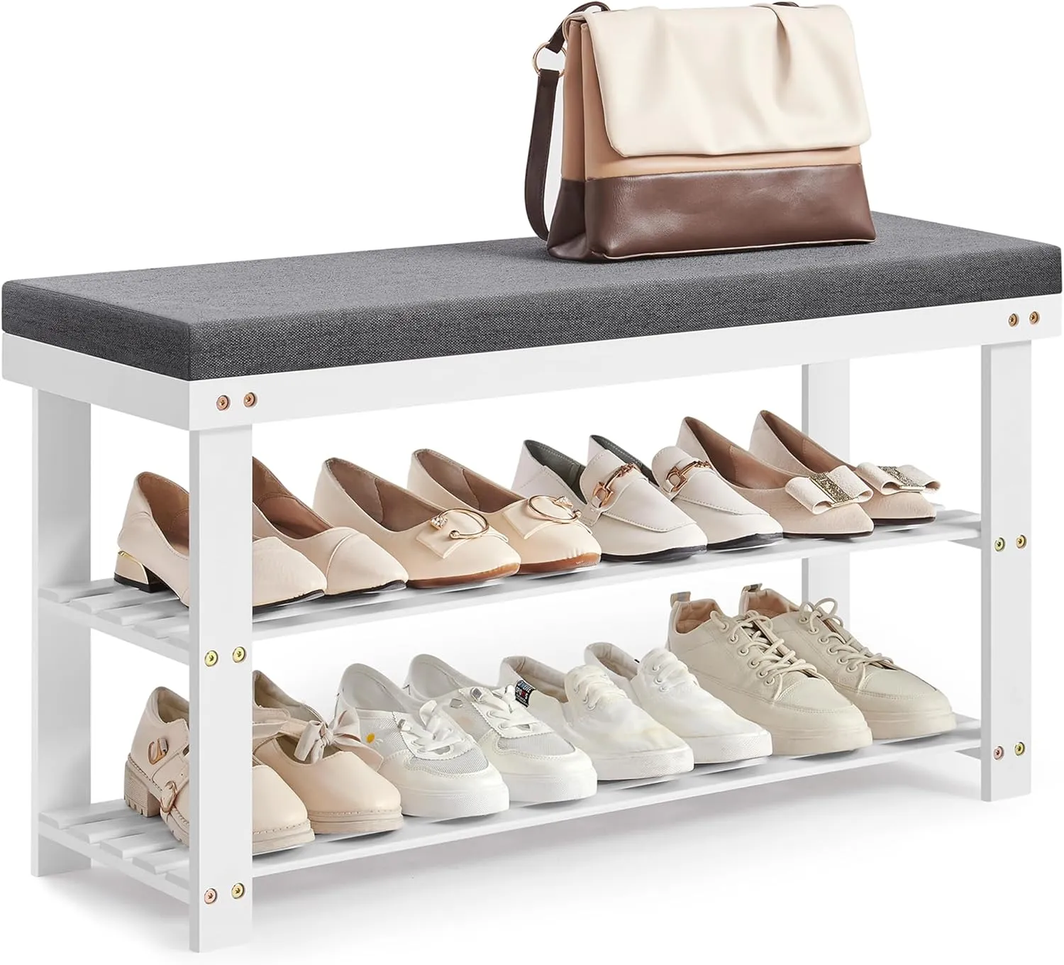 SONGMICS Bamboo Shoe Bench, 3-Tier Shoe Rack Organizer for Entryway, Living Room, Bench Seat Holds Up to 330 lb, 11.4 x 35.4 x 19.3 Inches, White and Gray ULBS904W01