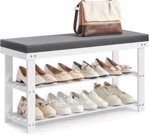 SONGMICS Bamboo Shoe Bench, 3-Tier Shoe Rack Organizer for Entryway, Living Room, Bench Seat Holds Up to 330 lb, 11.4 x 35.4 x 19.3 Inches, White and Gray ULBS904W01