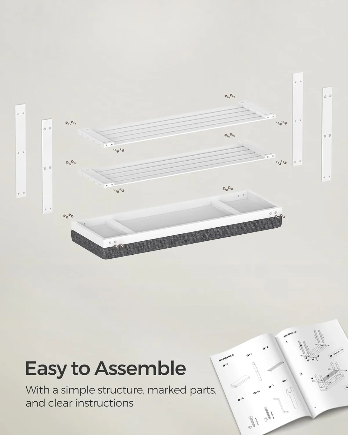 SONGMICS Bamboo Shoe Bench, 3-Tier Shoe Rack Organizer for Entryway, Living Room, Bench Seat Holds Up to 330 lb, 11.4 x 35.4 x 19.3 Inches, White and Gray ULBS904W01